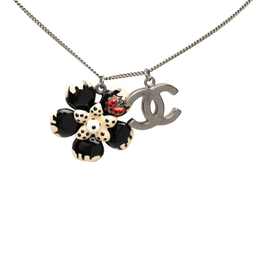 Chanel Coco Mark Camellia Flower Motif Pendant Necklace 06P Silver White Blac...